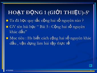 Bài giảng Đại số Lớp 6 - Chương 2 - Bài 5: Cộng hai số nguyên khác dấu - Lâm Lệ Thanh (Bản hay)