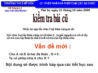 Bài giảng Đại số Lớp 8 - Chương 1 - Bài 10: Chia đơn thức cho đơn thức - Trường THCS Mỹ Hòa