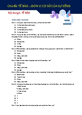 633 Câu hỏi ôn tập trắc nghiệm Sinh học 6 - Chủ đề: Tế bào. Đơn vị cơ sở của sự sống