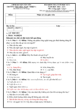 Để kiểm tra cuối học kì I Công nghệ 3 - Năm học 2024-2025 - Trường Tiểu học Ngọc Thiện 1 (Có đáp án + Ma trận)