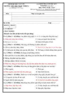 Đề kiểm tra cuối học kì I Công nghệ 5 - Năm học 2024-2025 - Trường Tiểu học Ngọc Thiện 1 (Có đáp án + Ma trận)