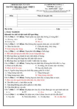 Đề kiểm tra cuối học kì I Khoa học 5 - Năm học 2024-2025 - Trường Tiểu học Ngọc Thiện 1 (Có đáp án)