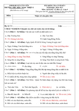 Đề kiểm tra cuối học kì I Lịch sử và Địa lí 4 - Năm học 2024-2025 - Trường Tiểu học Ngọc Thiện số 1 (Có đáp án + Ma trận)