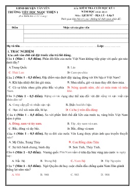 Đề kiểm tra cuối học kì I Lịch sử và Địa lí 5 - Năm học 2024-2025 - Trường Tiểu học Ngọc Thiện 1 (Có đáp án + Ma trận)