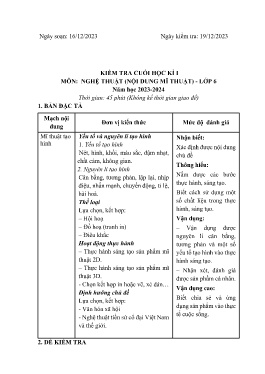 Đề kiểm tra cuối học kì I Mĩ thuật 6 - Năm học 2023-2024