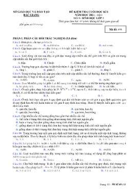 Đề kiểm tra cuối học kì I Sinh học 9 - Mã đề 491 - Năm học 2022-2023 - Sở GD&ĐT Bắc Giang