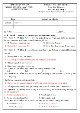 Để kiểm tra cuối học kì I Tin học 3 - Năm học 2024-2025 - Trường Tiểu học Ngọc Thiện 1 (Có đáp án + Ma trận)