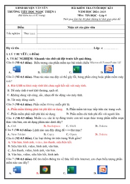 Đề kiểm tra cuối học kì I Tin học 4 - Năm học 2024-2025 - Trường Tiểu học Ngọc Thiện số 1 (Có đáp án + Ma trận)