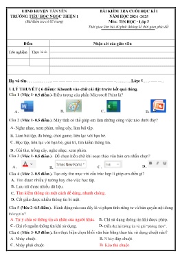 Đề kiểm tra cuối học kì I Tin học 5 - Năm học 2024-2025 - Trường Tiểu học Ngọc Thiện số 1 (Có đáp án + Ma trận)