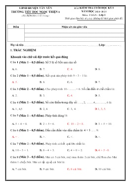 Đề kiểm tra cuối học kì I Toán 1 - Năm học 2024-2025 - Trường Tiểu học Ngọc Thiện 1 (Có đáp án)