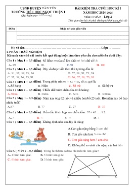 Đề kiểm tra cuối học kì I Toán 2 - Năm học 2024-2025 - Trường Tiểu học Ngọc Thiện 1 (Có đáp án)