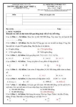 Đề kiểm tra cuối học kì I Toán 5 - Năm học 2024-2025 - Trường Tiểu học Ngọc Thiện số 1 (Có đáp án + Ma trận)