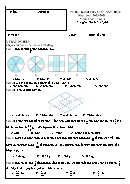 Đề kiểm tra cuối học kì II Toán 4 - Năm học 2023-2024 (Có đáp án)