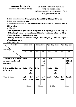 Đề kiểm tra giữa học kì I Giáo dục địa phương 7 - Năm học 2023-2024 - Trường THCS Việt Ngọc (Có đáp án + Ma trận)