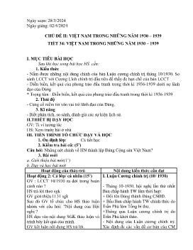 Giáo án Lịch sử 9 - Chủ đề II: Việt Nam trong những năm 1930-1939 - Tiết 34: Việt Nam trong những năm 1930-1939 - Năm học 2023-2024