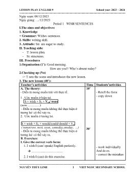 Giáo án Tự chọn Tiếng Anh 9 - Period 1: Wish sentences - Năm học 2023-2024 - Nguyễn Thùy Linh