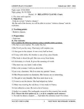 Giáo án Tự chọn Tiếng Anh 9 - Period 10: Relative clause (Cont) - Năm học 2023-2024 - Nguyễn Thùy Linh