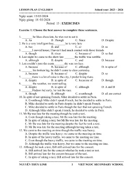Giáo án Tự chọn Tiếng Anh 9 - Period 13: Exercise - Năm học 2023-2024 - Nguyễn Thùy Linh