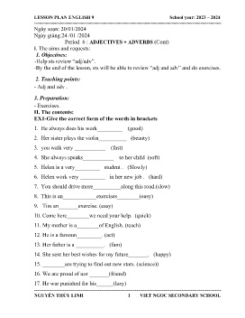 Giáo án Tự chọn Tiếng Anh 9 - Period 6: Adjectives+Adverbs (Cont) - Năm học 2023-2024 - Nguyễn Thùy Linh