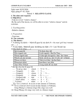Giáo án Tự chọn Tiếng Anh 9 - Period 8: Relative clause - Năm học 2023-2024 - Nguyễn Thùy Linh
