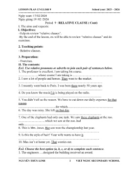 Giáo án Tự chọn Tiếng Anh 9 - Period 9: Relative clause (Cont) - Năm học 2023-2024 - Nguyễn Thùy Linh