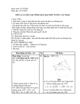 Giáo án Tự chọn Toán 9 - Tiết 32: Luyện tập tính chất 2 tiếp tuyến cắt nhau - Năm học 2023-2024