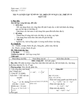Giáo án Tự chọn Toán 9 - Tiết 59: Luyện tập về hình cầu, diện tích mặt cầu, thể tích mặt cầu - Năm học 2023-2024